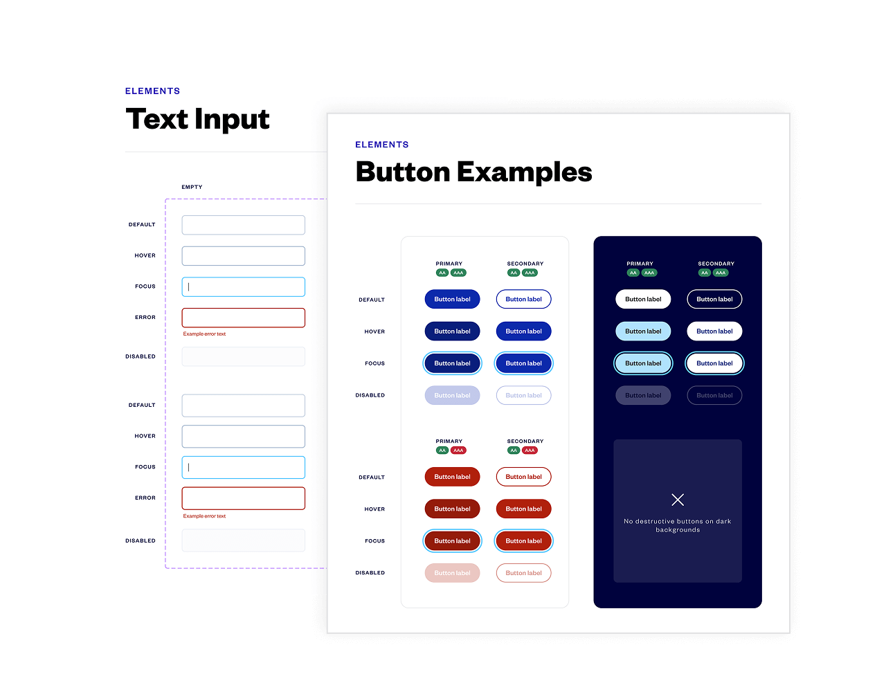 Examples of the color palette, text input and button elements from the Bubble design system
