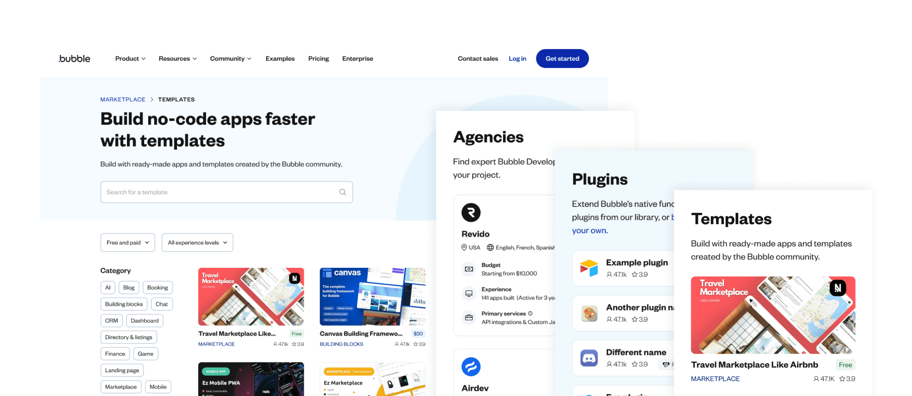 Mockups of the Bubble template page, showing different templates built in the community