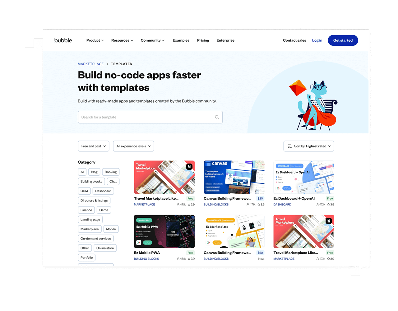 Mockups of the Bubble template page, showing different templates built in the community