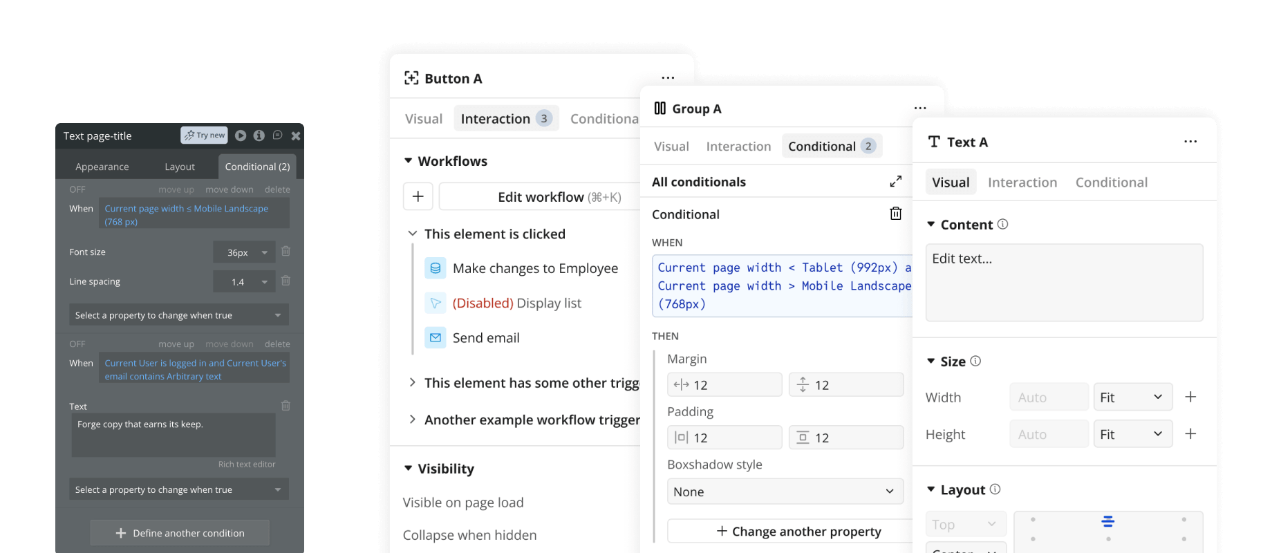 Mockups of Bubble property editor before and after a redesign