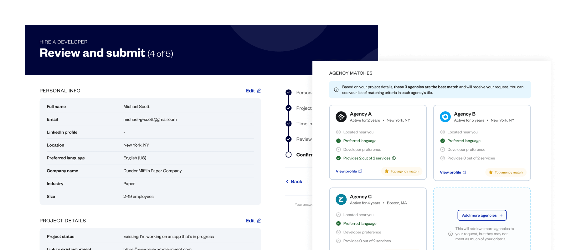 Mockups of the Bubble hire a developer system, showing the screen where developers get matched with your project