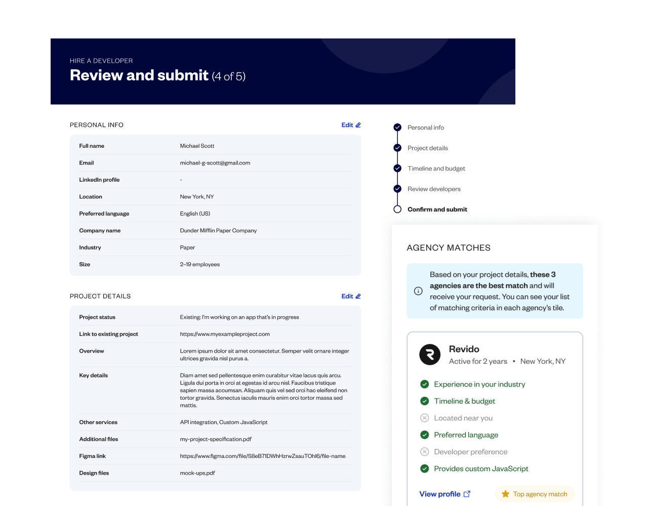 Mockups of the Bubble hire a developer system, showing the screen where developers get matched with your project