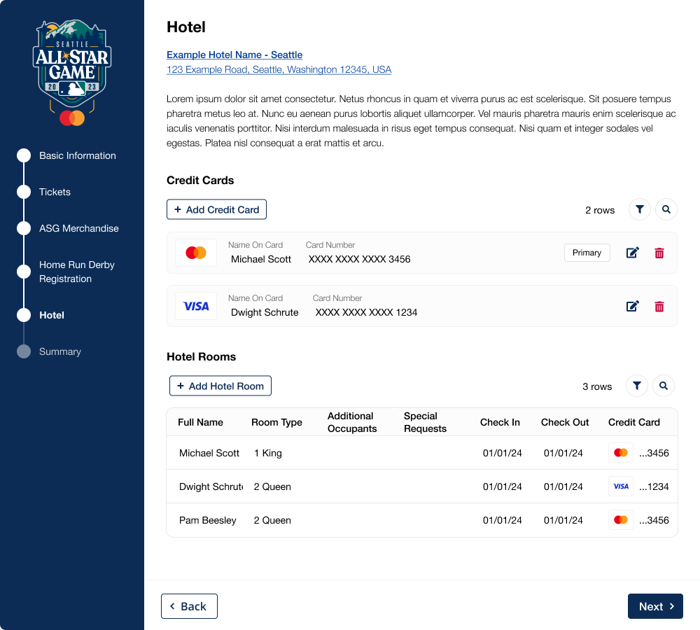 An example screen from the MLB sign up form showing hotel reservations