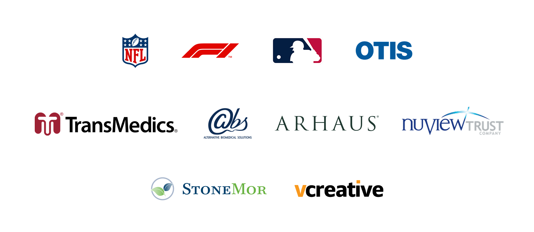 Logos from other clients Rhys has worked with, including NFL, MLB, Forumla 1, OTIS and others