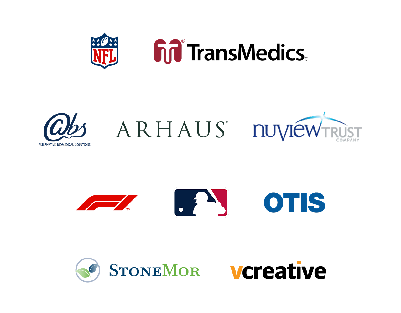 Logos from other clients Rhys has worked with, including NFL, MLB, Forumla 1, OTIS and others